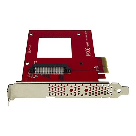 Carte SSD rouge, avec connecteurs et support métallique. Inscription : SSD, FCC, RoHS.
