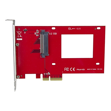 Une carte SSD U.2 rouge avec des lettres blanches et un support métallique. Elle comporte le connecteur SSD U.2, une grande découpe et la marque "RoHS".