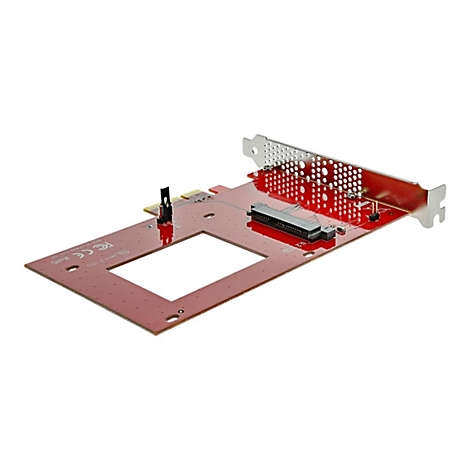 Une carte SSD U.2 rouge avec un support métallique et divers connecteurs. Le fond est blanc.
