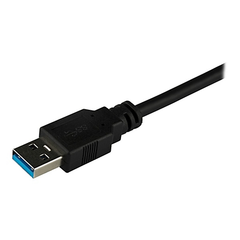 Câble USB 3.0 noir avec connecteur bleu, isolé sur fond blanc.