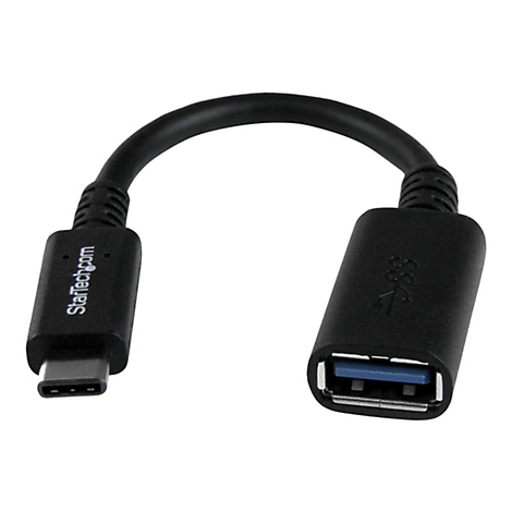 Câble adaptateur USB-C vers USB-A noir. Un connecteur porte la mention "StarTech.com". L'autre porte la mention "SS".