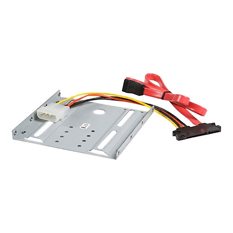 Ein grauer Festplattenrahmen mit Kabeln und rotem SATA-Kabel.