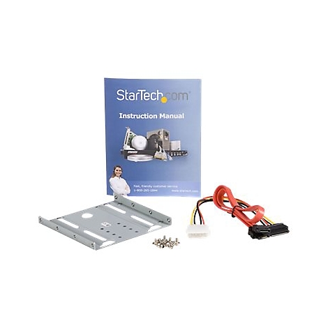 Ein grauer Festplattenhalter, ein Handbuch, Kabel und Schrauben. Auf dem Handbuch steht StarTech.com und Instruction Manual.