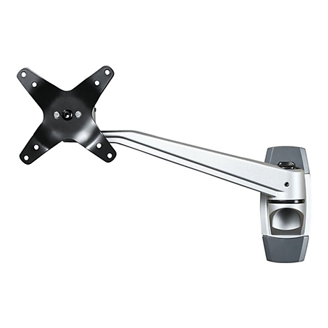 Ein Monitorarm mit silberfarbenem Arm und schwarzem Halterungsteil an der Wand.