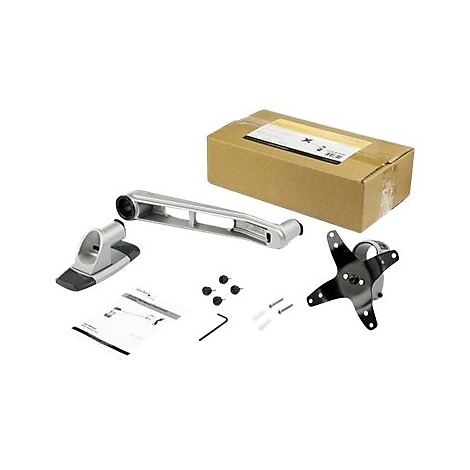 Produktset fÃ¼r einen Monitorarm mit silbernen und schwarzen Elementen und einer braunen Box im Hintergrund.