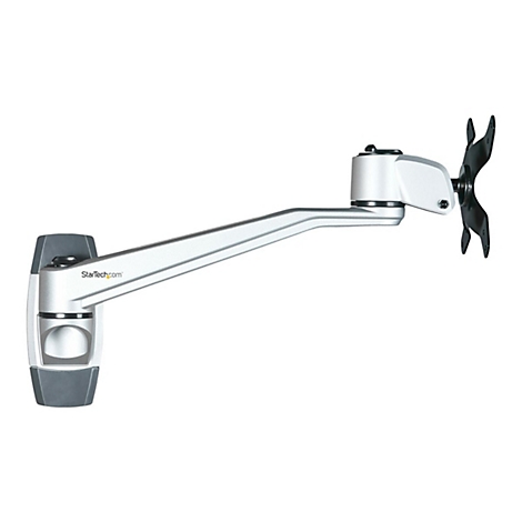 Ein silberner Monitorarm an der Wand mit Halterung und schwarzem Element fÃ¼r den Monitor. Der Arm ist aus Metall und trÃ¤gt den Schriftzug 'StarTech.com'.