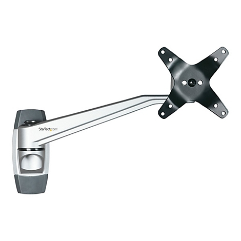 Eine silberfarbene Monitorhalterung, die an der Wand befestigt ist, mit einem schwarzen, sternfÃ¶rmigen Halter fÃ¼r den Bildschirm.