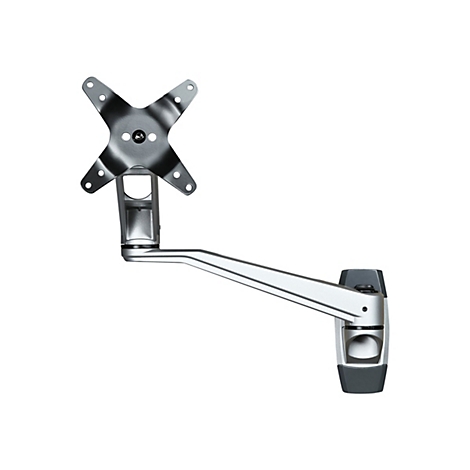 Ein Monitorarm aus Metall, an der Wand montiert. Er hat eine Halterung fÃ¼r den Monitor, einen beweglichen Arm und eine Wandhalterung.