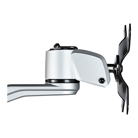 Silberne Monitorhalterung mit schwarzem Halter. Der Bildschirmhalter ist an einem weiÃŸen Hintergrund montiert.