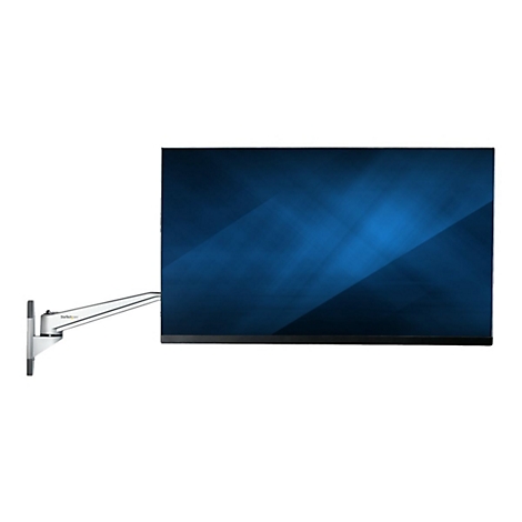 Ein flach montierter Fernseher mit blauem Bildschirm an einer weiÃŸen Wandhalterung.
