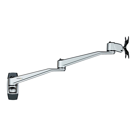 Heller Monitorarm, an der Wand montiert, mit einem schwarzen Monitorhalter.