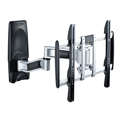 Eine Wandhalterung für einen Fernseher, die aus Metall und Kunststoff besteht, vor weißem Hintergrund. Das Produkt ist teilweise ausgeklappt.