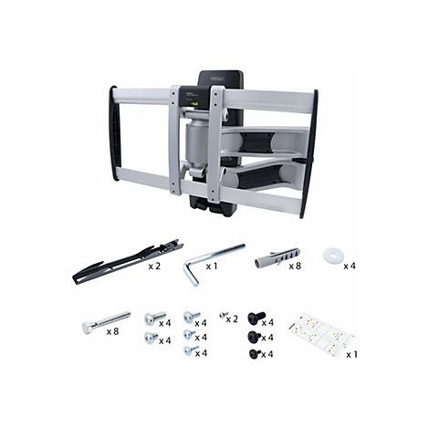 TV-Wandhalterung und Zubehör auf weißem Grund. Halterung aus Metall, silberfarben und schwarz. Montagematerialien, wie Schrauben und Dübel, liegen daneben.