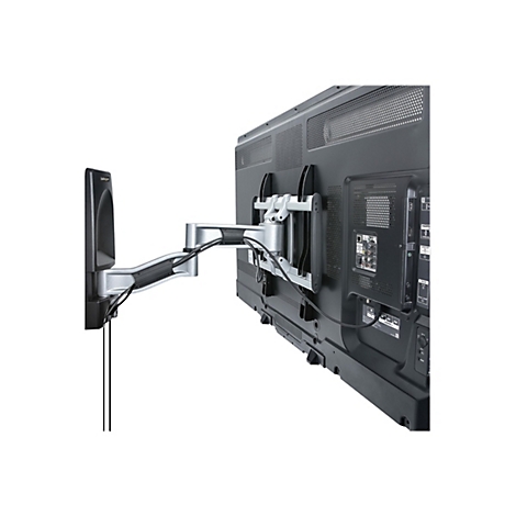Rückansicht eines Fernsehers mit Halterung, die an einer Wandhalterung befestigt ist. Der Fernseher hat Anschlüsse für HDMI, Audio, LAN und andere Geräte.