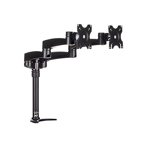 Support de moniteur noir pour deux Ã©crans, fixÃ© sur pied.