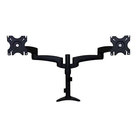 Support double moniteur noir isolÃ© sur fond blanc.