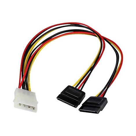 Un adaptateur de câble d'alimentation pour disques durs SATA. Connecteurs noirs et câbles avec câblage rouge, jaune et noir.