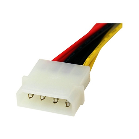 Gros plan d'un connecteur Molex blanc avec quatre broches et des câbles multicolores.