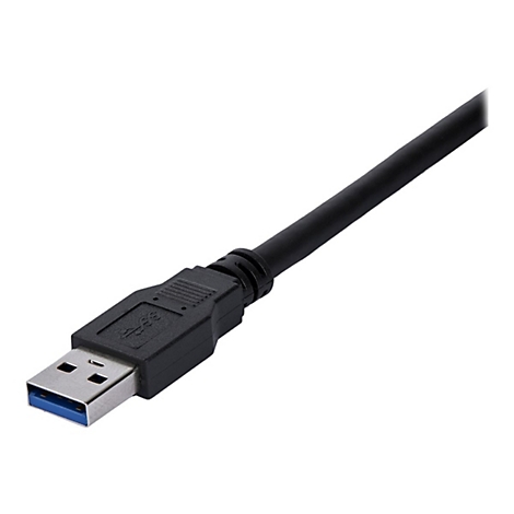Un câble USB noir posé en diagonale sur fond blanc. Le connecteur USB est aligné vers la gauche, montrant l'intérieur bleu.