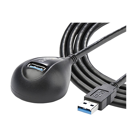 Câble d'extension USB noir avec un connecteur USB-A et un hub avec un port USB. Le câble est enroulé.