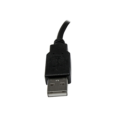 Gros plan d'un câble USB noir, connecteur vers l'avant. Le connecteur porte le logo USB.