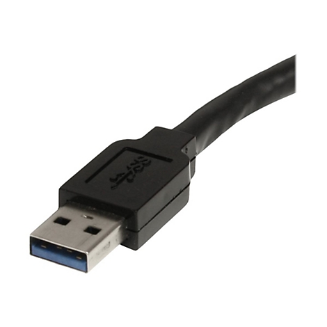 Gros plan d'un câble USB 3.0 noir avec connecteur. Le connecteur porte le logo USB.