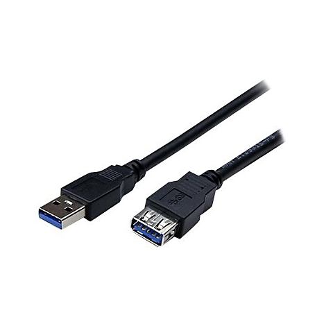 Câble USB noir avec intérieur bleu, connecteurs mâle et femelle. Sur fond blanc.