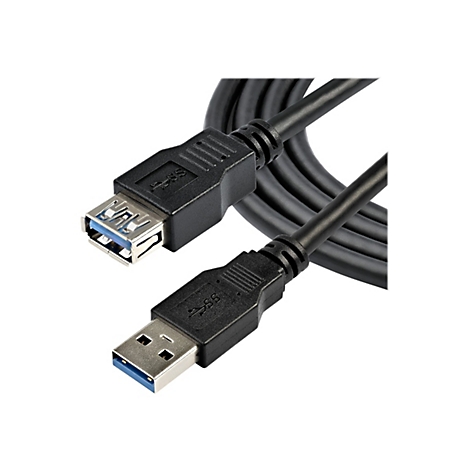 Câble USB noir avec connecteurs USB-A et USB-B. Les connecteurs affichent le logo USB 3.0.