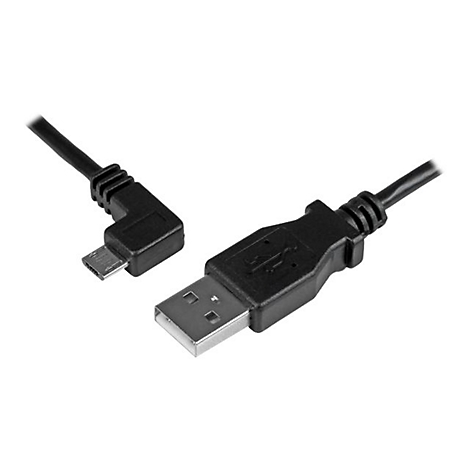 Un câble USB noir avec des connecteurs micro-USB et USB-A. Le connecteur micro-USB est coudé.
