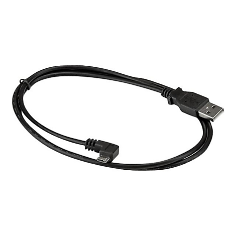 Un câble USB noir, enroulé sur fond blanc. Les deux extrémités sont visibles.