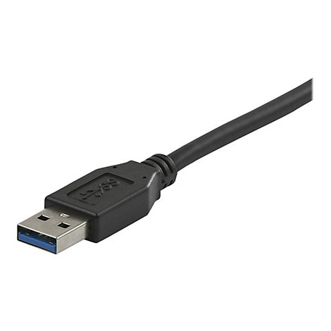 Câble USB noir avec intérieur bleu. Le connecteur est visible en détail.