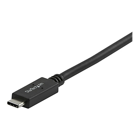 Un câble USB-C noir de StarTech.com. La prise est montrée en détail.