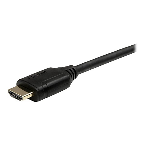 Gros plan d'un câble HDMI noir avec un connecteur doré, isolé sur fond blanc.
