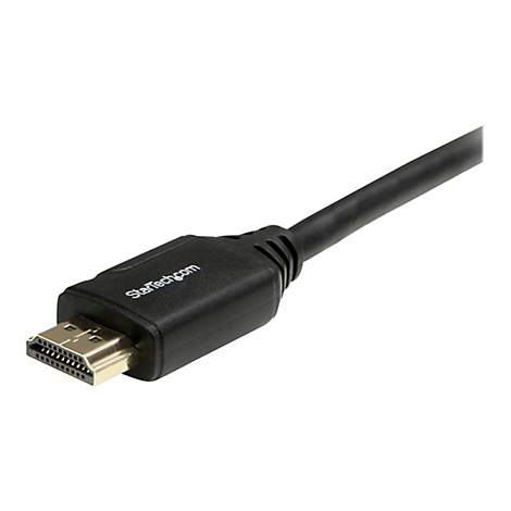 Câble HDMI noir, logo StarTech.com, connecteur doré, fond blanc.
