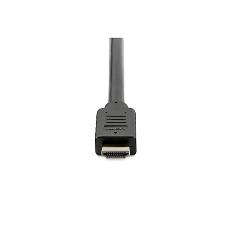 Un câble HDMI noir sur fond blanc. Le connecteur est au centre.