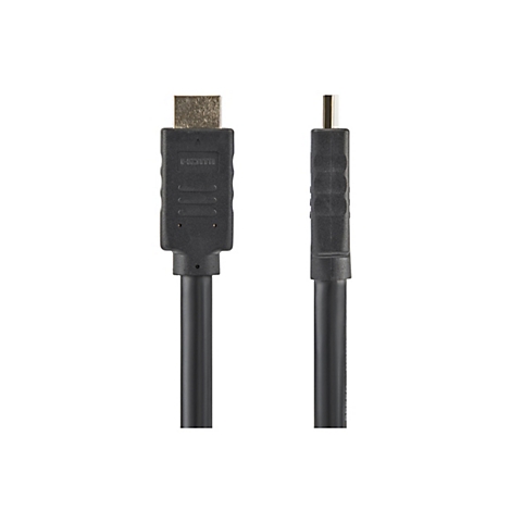 Un câble HDMI noir avec des contacts plaqués or sur fond blanc. La prise est à gauche, l'autre prise à droite.