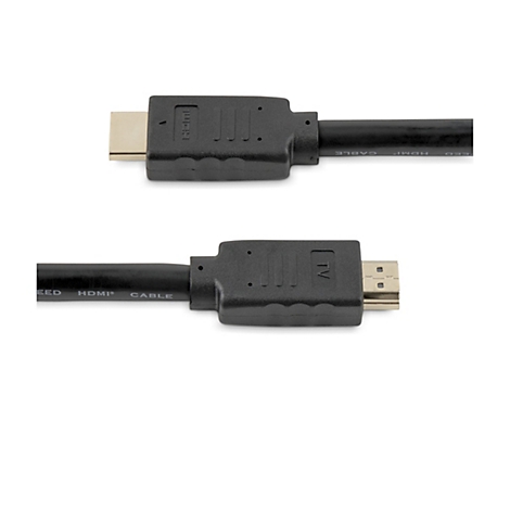 Deux câbles HDMI noirs avec des connecteurs plaqués or sur fond blanc. Les câbles sont étiquetés "HDMI CABLE".