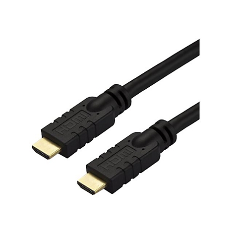 Deux câbles HDMI noirs avec des fiches dorées et le logo HDMI sur le connecteur noir. Les câbles sont disposés en diagonale sur un fond blanc.