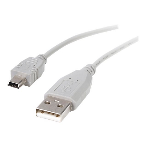 Câble USB gris clair avec connecteur micro-USB et USB standard, en diagonale de en haut à gauche vers en bas à droite. Sur fond blanc.