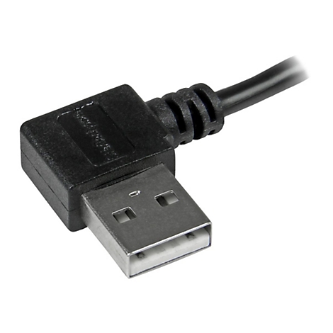 Gros plan d'un câble USB noir avec un connecteur coudé.