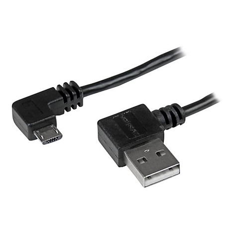 Câble USB noir avec connecteur micro-USB et USB-A. Connecteurs coudés pour une utilisation pratique.