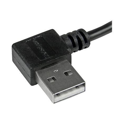 Gros plan sur un câble USB noir coudé avec une prise métallique. Le câble se transforme en un connecteur noir.