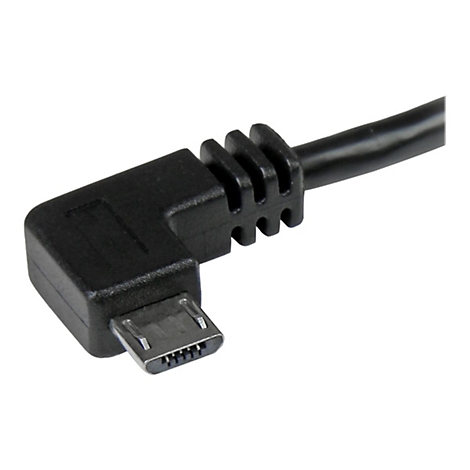 Un câble micro-USB noir avec un connecteur coudé. Le connecteur est montré en détail.