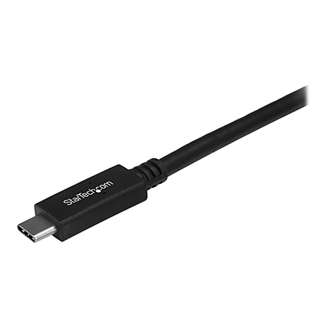 Un câble USB-C noir de StarTech.com sur fond blanc. Le connecteur est au centre.