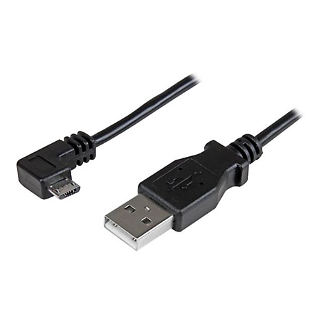 Un câble USB noir avec un connecteur micro USB coudé et un connecteur USB standard sur fond blanc.