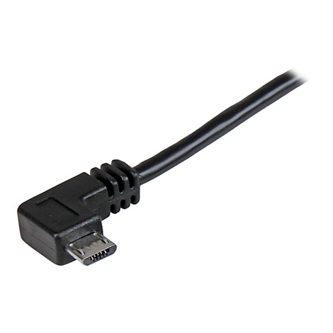 Câble micro USB noir coudé sur fond blanc. Le connecteur est à un angle de 90 degrés.