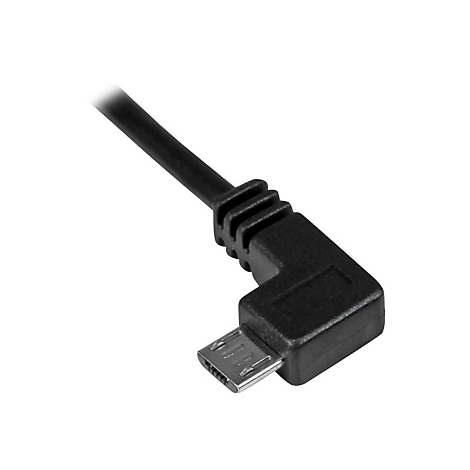 Câble micro-USB noir avec un connecteur coudé. Le connecteur montre les contacts métalliques. Le fond est blanc.