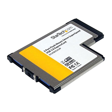 Une carte ExpressCard USB 3.0 grise de StarTech.com avec accent jaune, texte et logo.