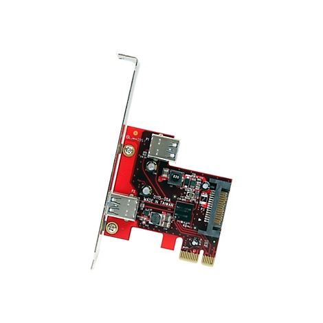 Une carte d'extension USB rouge avec deux ports USB. La carte comporte des composants électroniques et l'inscription "MADE IN TAIWAN".