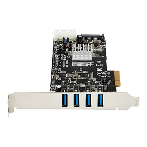 Une carte d'extension USB noire avec quatre ports USB bleus. Le fond est blanc.